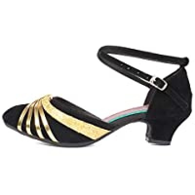 GANG Women's Standard Latin Dance Shoes Professional Ballroom Performance Character Wedding Shoes for Women,DYBJ Color : 3.5cm Black+Gold-Suede Sole Size : 5.5
