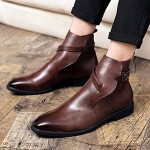 New Brown Work Boots for Men Fashion Western Cowboy British Shoes Outdoor Casual All-Match Nude Simple Mens Business Shoes Retro Mens Belt Buckle Ankle Personality Mens Wedding Leather Shoes