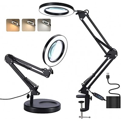 5X Magnifying Glass with Light and Stand CHIKYTECH 3 Color Modes Stepless Dimmable,2-in-1 LED 5-Diopter Glass Magnifying Desk Lamp & Clamp for Reading Repair Crafts