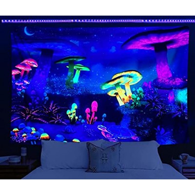 BBNIU Blacklight Mushroom Tapestry Trippy UV Reactive Black Light Snail Poster Tapestries Colorful Botanical Hippie Funny Moon Wall Hanging Tapestry  for Bedroom Living Room Dorm Decor Easy To Hang 51 in x 59 in