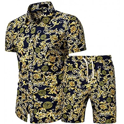 Men's Hawaiian Shirt Sets Men's Flower Button Down Short Sleeve Shirt and Shorts Suits 2 Piece Tracksuits Outfits
