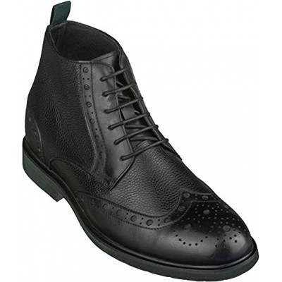 CALTO Men's Invisible Height Increasing Elevator Shoes Leather Lace-up Wing-Tip Lightweight Dress Boots 3 Inches Taller
