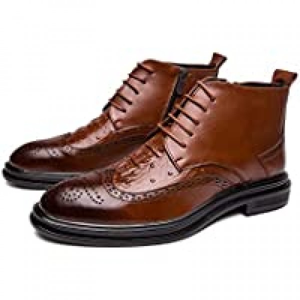 High Top Boots for Men Synthetic Leather Pointed Toe Lace Up Inner Zipper Embossed Vamp Brogue Carve Wingtip Pull Tap Daily Wear HUN Color : Brown Size : 6.5