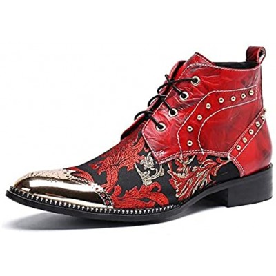 HuitJours Novelty Mens Oxford Ankle Boots Lace up Metal Pointed Toe Rivet Decoration Leaves Embroidery Genuine Leather Red Shoes