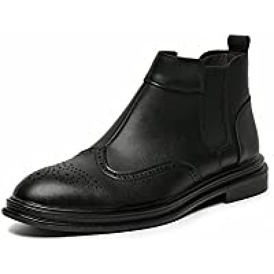 JUSTGUOGANG Round Toe Ankle Boots for Men Wing Tip Carved Brogue Elastic Bandage PU Waterproof Wearable Dress Color : Black Size : 7.5