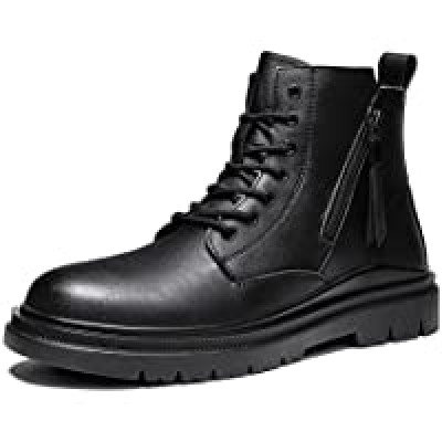 JUSTGUOGANG Round Toe Lace Up Boots for Men Derby with Zipper Cowhide Leather Block Heel Wearable Dress Classic Vintage Color : Black Lined Size : 10