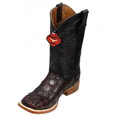 Genuine Cowhide Leather Fish Print Square Toe Western Boots Black Cherry
