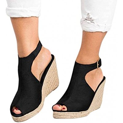 Hosamtel Wedges Shoes for Women Sandals,2022 Summer Ankle Strap Breathable Beach Heels Sandals Slip-On Straw Casual Shoes